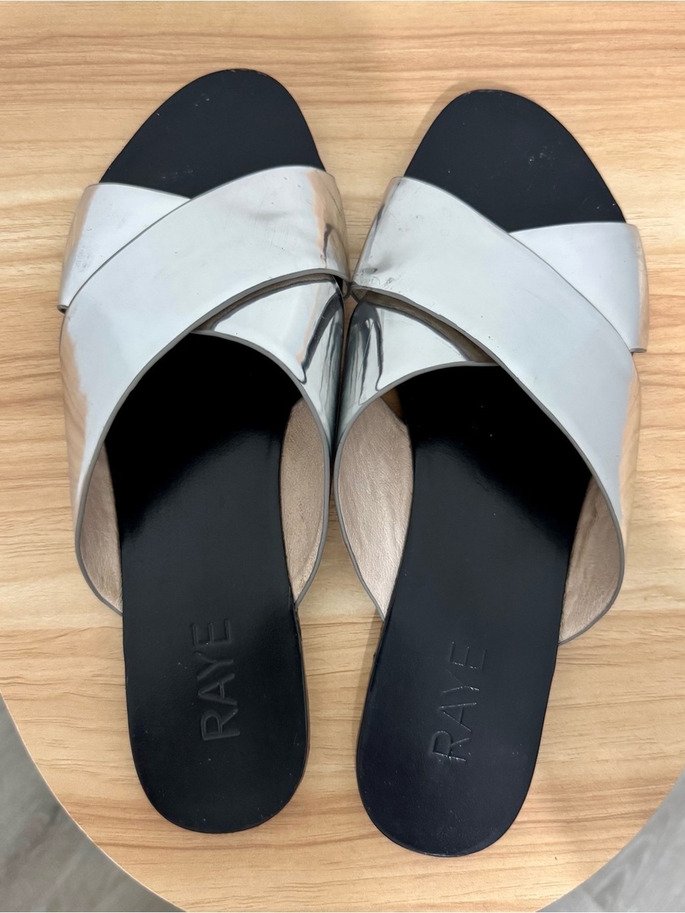 RAYE Revolve Silver Metallic Crisscross Slide Sandals Size 9.5